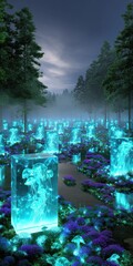 Ethereal Glow in Surreal Cemetery - Bioluminescent Jellyfish Among Transparent Headstones with Low Fog and Cobalt Emerald Hue, Halloween Theme