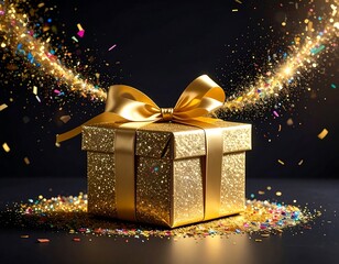 Golden gift box with sparkling confetti