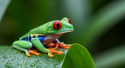 Naklejka premium Vibrant red eyed tree frog perched on a dewy leaf