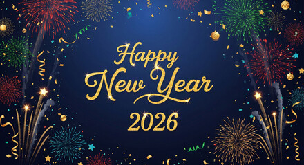 Happy New Year 2026 celebration background with colorful fireworks confetti and golden glitter script text