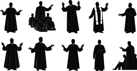 Silhouette of priests preaching, pastors giving sermons, clergy teaching congregation, religious leaders worshiping, church service illustration, spirituality, Christianity, faith