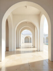 Obraz premium Arched hallway with sunlight streaming through, casting shadows on the floor.