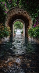 Obraz premium Stone archway tunnel with flowing water, lush greenery