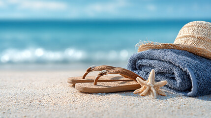 Serene beach scene with summer essentials, invoking relaxation and vacation vibes