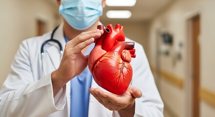 A doctor in a white coat and mask holds a realistic model of a human heart, symbolizing cardiology and medical care.