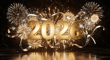 Luxury New Year 2026 banner with golden 3d numbers fireworks and confetti on a modern black marble background