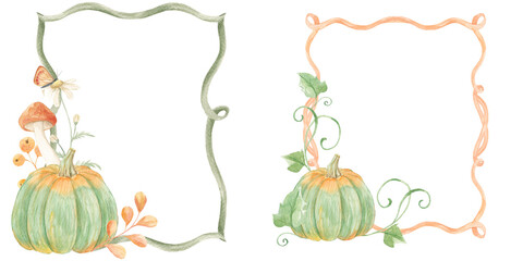 Watercolor ribbon frame. Ribbon bow. Orange set. Pumpkins, birds, mushrooms. Autumn holiday decor for invitations, cards. Frame set. Watercolor frame. Forest vibe. Thanksgiving.