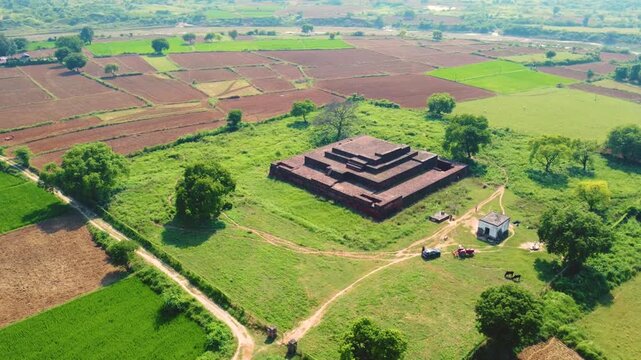 Aerial shot of Padmavati brick temple in ancient city of pawaya in Madhya Pradesh india