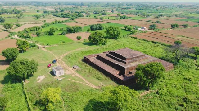 Aerial shot of Padmavati brick temple platform in ancient city of pawaya in Madhya Pradesh india