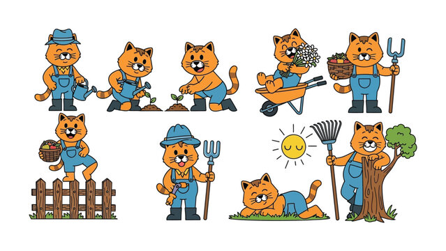A Day in the Life of a Gardening Cat: A cartoon cat embraces a day of gardening activity, as it tends the plants, wielding a variety of gardening tools and implements.