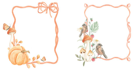 Watercolor ribbon frame. Ribbon bow. Orange set. Pumpkins, birds, mushrooms. Autumn holiday decor for invitations, cards. Frame set. Watercolor frame. Forest vibe. Thanksgiving.