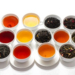 Assorted tea varieties displayed in white teacups, showcasing a vibrant array of colors and flavors.