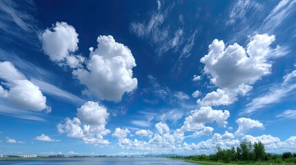 Blue Sky with White Clouds Scenic View Over Water and Lush Green Vegetation Against Horizon on a Sunny Day in Outdoors