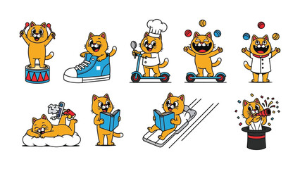 Obraz premium Playful Feline Characters: An adorable collection of animated cat characters engaged in a variety of comical activities, offering a dose of fun and lightheartedness.