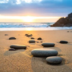 Peaceful beach stones at sunset