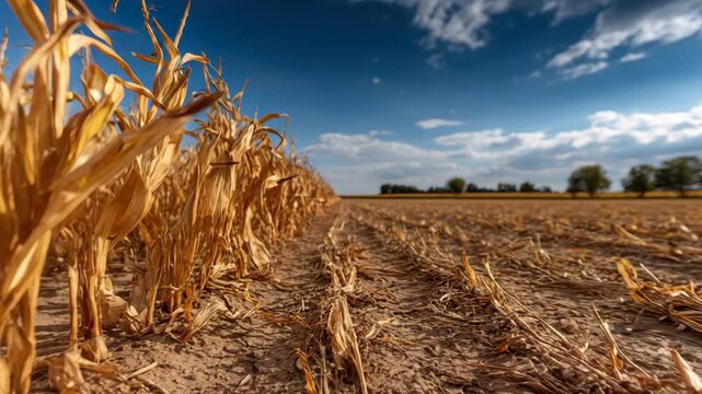 Dry cornfield with withered plants under bright blue sky and scattered clouds, evoking warm rustic autumn atmosphere in rural landscape with harvest and agriculture farm views