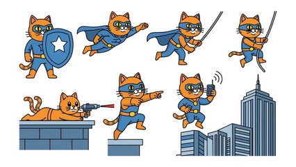 Naklejka premium Heroic Cat Illustrations: A collection of dynamic illustrations depicting a heroic cat in various action poses, embodying courage and strength with a playful flair. 