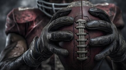 Close Up Of American Football Player Holding Ball With Gloves In Stadium For Sports Background
