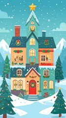 Colorful Christmas house in snowy landscape