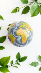Sustainable Earth with green leaves and globe on white background