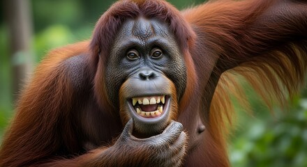Fototapeta premium Close up portrait of a smiling orangutan in lush green forest