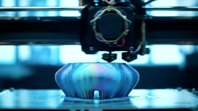 A close-up of a 3D printer creating a colorful vase in a modern workshop with soft lighting