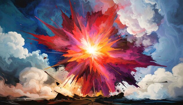 Abstract explosion in vibrant colors against a cloudy sky