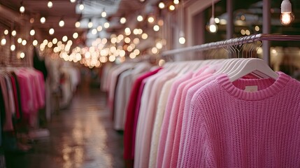 Cozy Vintage Clothing Store Interior Featuring Pink Sweaters Under Warm Bokeh Lights Creating a Nostalgic and Inviting Shopping Atmosphere