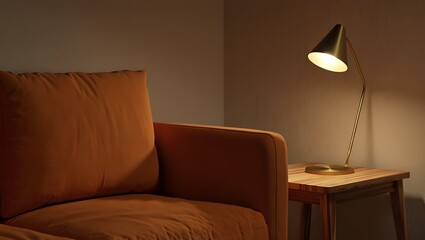 Cozy living room corner with orange sofa and modern lamp