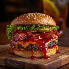 cheeseburger on the table covered in sauce