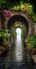 Obraz premium Lush tunnel path with stone archway, foliage, and water feature