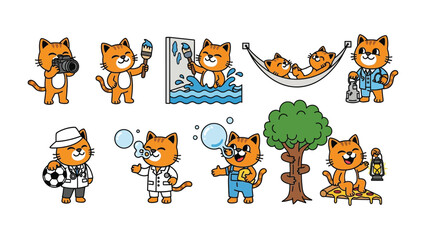Fototapeta premium Whimsical Cat Cartoon Illustrations: A collection of playful and quirky cartoon cat illustrations engaged in various activities, perfect for adding a touch of fun and charm to any project.