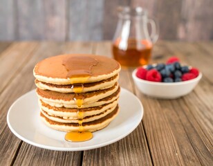 Stacked pancakes drizzled with syrup