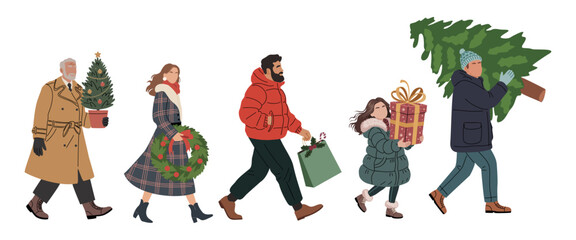 Vector set of people in winter clothes walking side view carrying Christmas gifts, tree, wreath, boxes, and festive shopping bags. Flat holiday illustration isolated on transparent background.