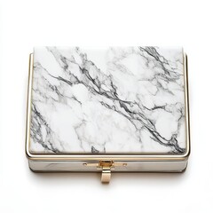 A structured box clutch with marble pattern and gold trim, top perspective, clutch bag isolated on white background color, photorealistic accuracy, good composition, high resolution