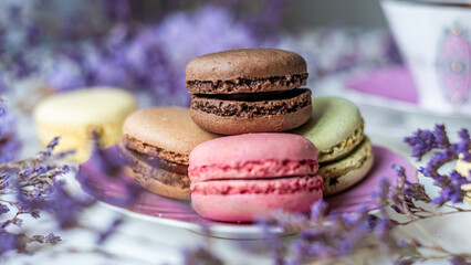Colorful macarons arranged elegantly on a delicate plate surrounded by lavender flowers, showcasing luxury and indulgence in a minimalist setting with copy space