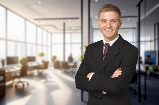 Business man portrait in workplace for company