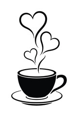 Black and White Illustration of a Coffee Cup with Heart-Shaped Steam