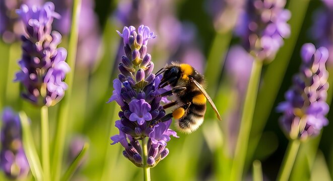 Close-up of a bee gathering nectar from blooming lavender flowers in nature. - Powered by Adobe