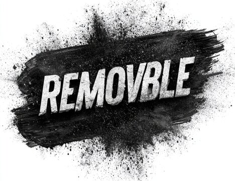 Grunge-style "REMOVABLE" text, boldly displayed in white against a black, explosive brush stroke backdrop