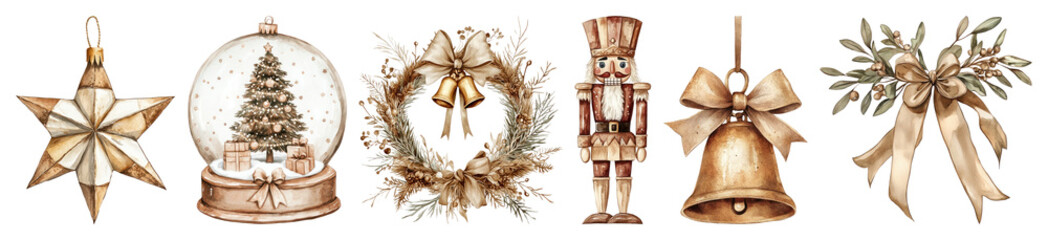 Obraz na płótnie Canvas PNG Vintage Christmas decorations illustration, element set on transparent background