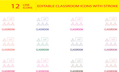 Editable classroom line icons with strokes, minimal design for education themes. Perfect for school, study, learning, and academic projects.
