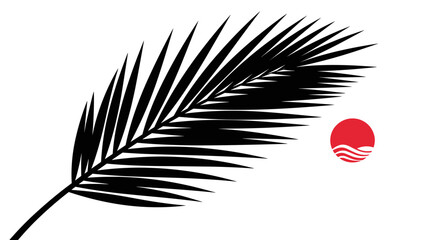 A stylized black palm frond curves elegantly across a white background with a small red circle containing stylized waves in the upper right corner.