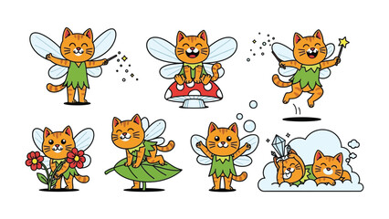 Obraz premium Whimsical Feline Fairies: A collection of adorable cartoon cat fairies with whimsical wings, each embodying a unique sense of playfulness.