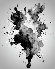 Obraz premium Abstract grayscale watercolor splatter, with dark, dense center fading to lighter edges and small satellite droplets