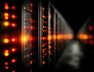 A dimly lit server room, rows of humming servers glow with red indicator lights, creating a dramatic, technological atmosphere