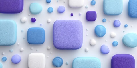 Soft, rounded pastel squares and circles in blue, purple, and white against a white background