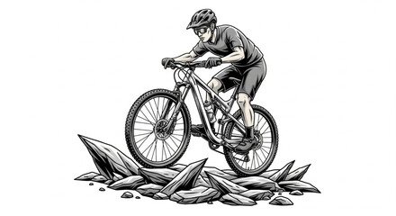 Obraz premium A cyclist skillfully navigates a mountain bike over a rocky terrain, showcasing balance and control.