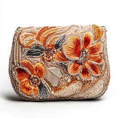 A beaded clutch with intricate floral design and soft fabric body, front facing view, clutch bag isolated on white background color, photorealistic accuracy, good composition, high resolution