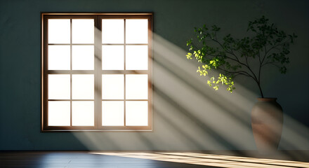 Sunlight streams through a window, illuminating a vase with a plant, creating a serene and peaceful atmosphere